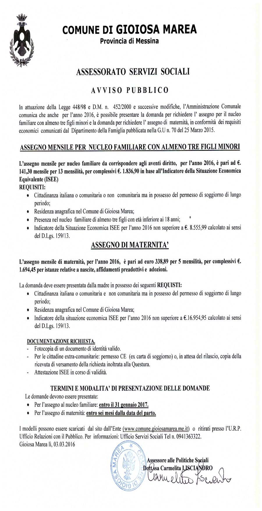 avviso assegno nucleo familiare e maternita